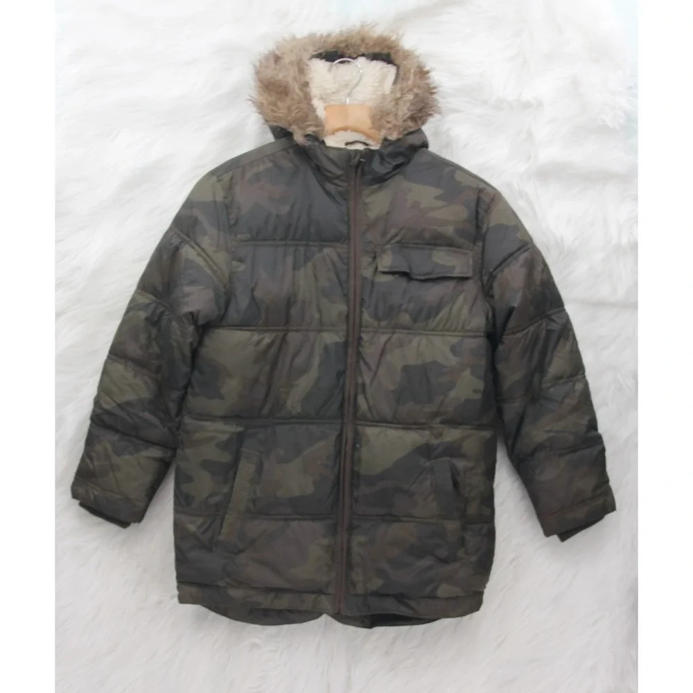 Old Navy Childrens Fur Trimmed Hooded Puffer Jacket L 10-12 Green Camo Boys Coat